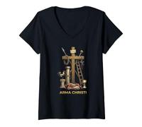 Femme Memento Mori Crucifix catholique Messe Latine Traditionnelle T-Shirt avec Col en V