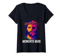 Femme Memento Mori Crucifix Catholique Traditionnel Latin Mass Skull T-Shirt avec Col en V
