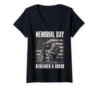 Femme Memorial Day Remember and Honor Patriotic US Flag T-Shirt avec Col en V
