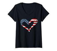 Femme Memorial Day USA Flag Heart American Patriotic 4th Of July T-Shirt avec Col en V