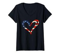 Femme Memorial Day USA Flag Heart American Patriotic 4th Of July T-Shirt avec Col en V