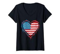 Femme Memorial Day USA Flag Heart American Patriotic 4th Of July T-Shirt avec Col en V