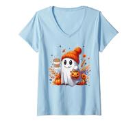 Femme Men Women Autumn Cute Ghost Drinking Coffee Halloween Spooky T-Shirt avec Col en V