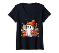 Femme Men Women Autumn Cute Ghost Drinking Coffee Spooky Halloween T-Shirt avec Col en V
