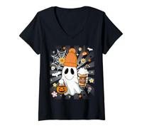 Femme Men Women Autumn Cute Spooky Ghost Drinking Coffee Halloween T-Shirt avec Col en V