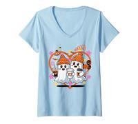 Femme Men Women Autumn Spooky Halloween Cute Ghost Drinking Coffee T-Shirt avec Col en V