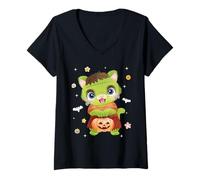 Femme Men Women Kids Groovy Retro Pumpkin Cat Spooky Halloween T-Shirt avec Col en V