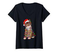 Femme Men's Women's Cool Christmas Cat with Santa Claus Hat Fun T-Shirt avec Col en V