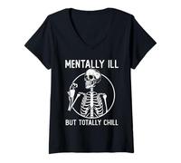 Femme Mentally Ill But Totally Chill Costume d'halloween Squelette T-Shirt avec Col en V