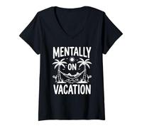 Femme Mentally on Vacation Hamac Tropical Amusant avec Palmiers et Plage T-Shirt avec Col en V