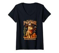 Femme Meowdy Partner Whiskers in Wind Western Cowboy Cat Rodeo T-Shirt avec Col en V
