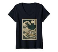 Femme Meowl Great Wave Off Kanagawa - Chat Hibou Brainrot Meme Kids T-Shirt avec Col en V
