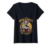 Femme Meowlin Rouge Cat Cabaret de Noël pour Amoureux des Chats T-Shirt avec Col en V