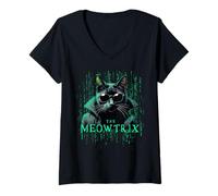 Femme MEOWTRIX - Chat amusant en tant que personnage de film emblématique, jeu vidéo T-Shirt avec Col en V