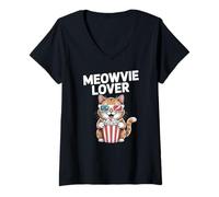 Femme Meowvie Lover Cat Movie Night Lunettes Popcorn 3D T-Shirt avec Col en V
