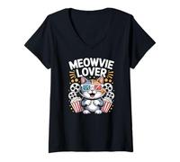Femme Meowvie Lover Cat Movie Night Lunettes Popcorn 3D T-Shirt avec Col en V