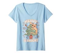 Femme Meowy & Bright Christmas Cat Holiday Humor T-Shirt avec Col en V