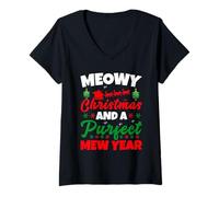 Femme Meowy Christmas and Purfecr Mew Year Funny Cat Xmas T-Shirt avec Col en V