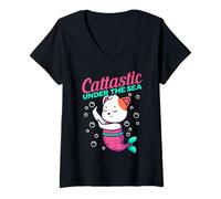 Femme Mercat Cattastic Under The Sea Mermaid Cat T-Shirt avec Col en V