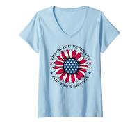 Femme Merci Veterans Day Service Sunflower US Flag Patriotic T-Shirt avec Col en V