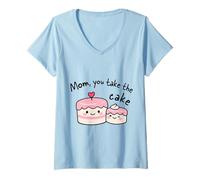 Femme Mère avec Inscription « Mom You Take The Cake » T-Shirt avec Col en V