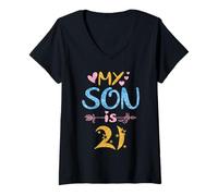 Femme Mère Père Maman Papa Happy Birthday My Son is 21 Years Old T-Shirt avec Col en V