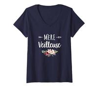 Femme Mère Veilleuse Merveilleuse Maman Cadeau Fête des Mère Fleur T-Shirt avec Col en V, Bleu Marine, L