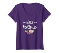 Femme Mère Veilleuse Merveilleuse Maman Cadeau Fête des Mère Fleur T-Shirt avec Col en V, Violet, L