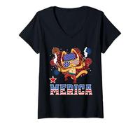 Femme Merica Cat 4th of July Funny Kitten Patriotic American Flag T-Shirt avec Col en V