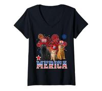 Femme Merica Cats American Flag Firework Patriotic 4th of July Cat T-Shirt avec Col en V