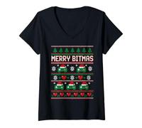 Femme Merry Bitmas 8 Bit Gamer Pull de Noël Moche Style rétro T-Shirt avec Col en V