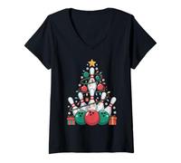 Femme Merry Bowlmas Boule de Bowling Père Noël Chapeau de Noël Amusant T-Shirt avec Col en V
