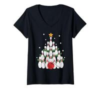 Femme Merry Bowlmas Boule de Bowling Père Noël Chapeau de Noël Amusant T-Shirt avec Col en V