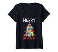 Femme Merry Brickmas Brique de Construction Maître de Noël T-Shirt avec Col en V