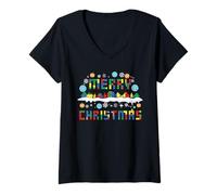 Femme Merry Christmas Bloc de Construction de Briques Maître Builder T-Shirt avec Col en V
