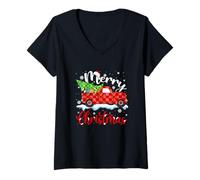 Femme Merry Christmas Buffalo Truck Tree Rouge Plaid Famille Assorti T-Shirt avec Col en V