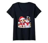 Femme Merry Christmas Chiot et Bonhomme de Neige Joyful Holiday T-Shirt avec Col en V