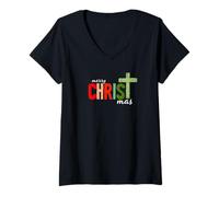 Femme Merry Christmas Cross Design Religious Holiday Christian Tee T-Shirt avec Col en V