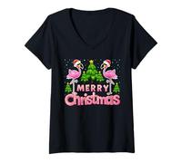 Femme Merry Christmas Funny Xmas Tree Santa Hat Flamingo Christmas T-Shirt avec Col en V