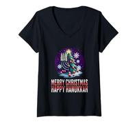 Femme Merry Christmas Happy Hanukkah Chrismukkah Famille juive T-Shirt avec Col en V