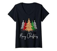 Femme Merry Christmas Tree Christmas Buffalo Plaid Rouge Blanc Vert T-Shirt avec Col en V