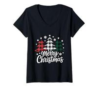 Femme Merry Christmas Tree Christmas Buffalo Plaid Rouge Blanc Vert T-Shirt avec Col en V