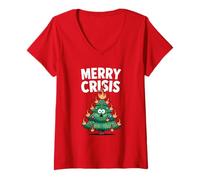 Femme Merry Crisis Arbre de feu de Noël Amusant Anti Noël T-Shirt avec Col en V