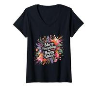 Femme Merry Everything and Happy Always Joyeux Positif T-Shirt avec Col en V