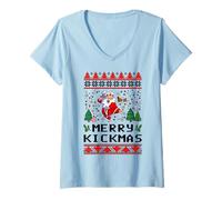 Femme Merry Kickmas Ugly Christmas Karaté Arts Martiaux Entraînement T-Shirt avec Col en V