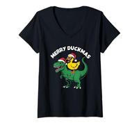 Femme Merry Quackmas Everyone, Christmas Duck Riding Dinosaure T-Shirt avec Col en V