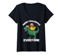 Femme Merry Quackmas Everyone, Christmas Duck Riding Dinosaure T-Shirt avec Col en V