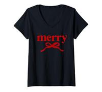 Femme Merry Red Bow Minimalist Christmas T-Shirt avec Col en V