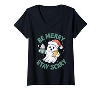 Femme Merry Scary Cute Ghost, Chocolat Chaud, fêtes de Noël Amusantes T-Shirt avec Col en V