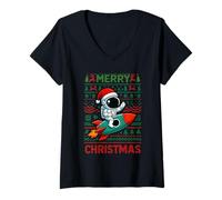 Femme Merry Ugly Christmas Funny Santa Astronaut Riding Rocket T-Shirt avec Col en V